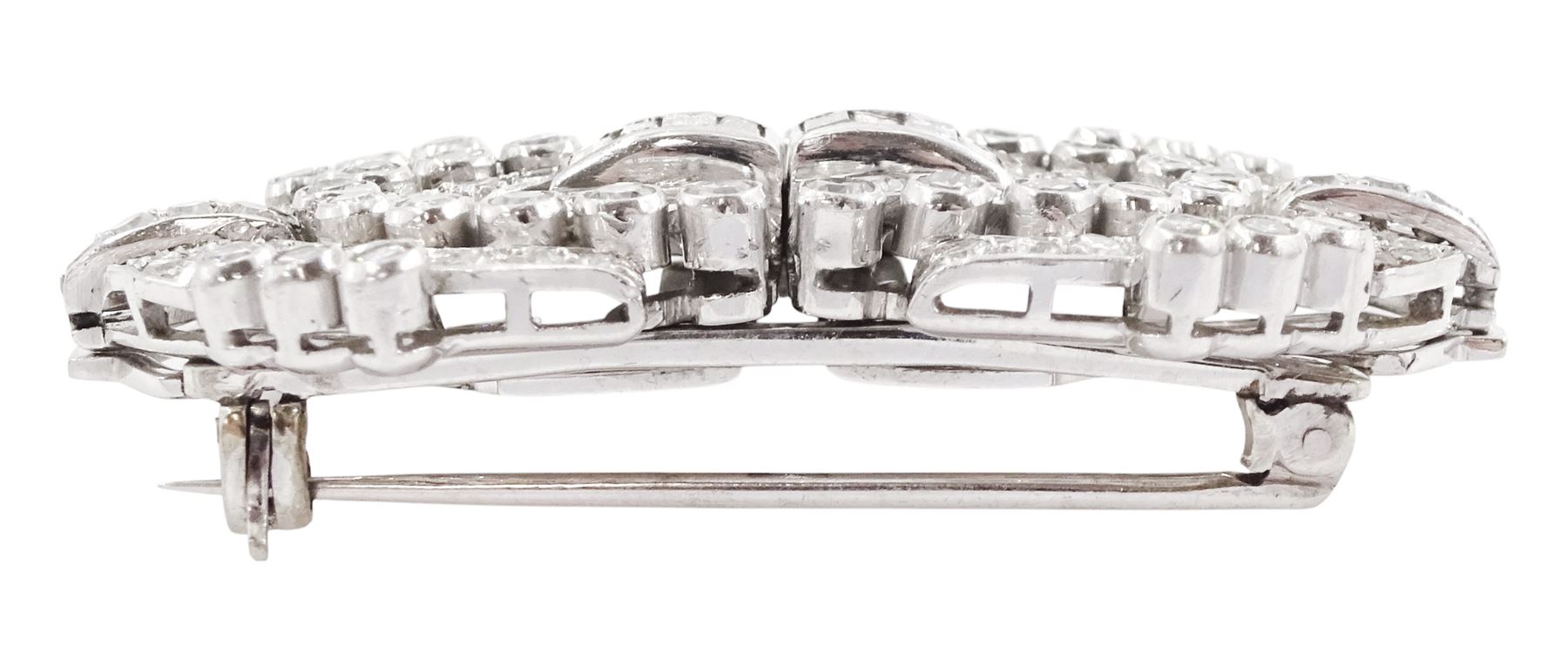 Early - mid 20th century platinum diamond brooch / hair clips, each clip set with round and baguette cut diamonds, in an openwork setting, joined by a 9ct white gold detachable brooch, total diamond weight approx 2.35 carat