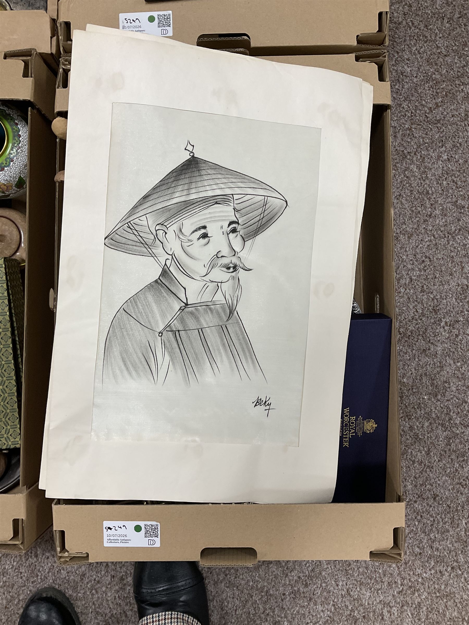 Collection of decorative items, to include two Cloisonne ginger jars, two 20th Century Chinese silk paintings and East Asian ceramic tableware items, in four boxes