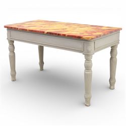 19th century style pine console table, with rectangular simulated marble top over a painte...