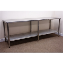  Large two tier stainless steel preparation table, W240cm, H89cm, D65cm  