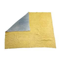 Early 20th century Welsh whole cloth sky blue quilt, in traditional quilting patterns, supported on yellow coloured backing, 174cm x 204cm
