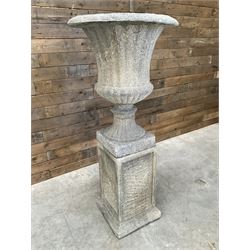 Large Georgian design cast stone garden centre-piece urn, egg and dart border, tapering column on square base, raised on square column