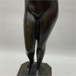 Bronze nude female figure holding a rose, upon a stone plinth, H40cm 