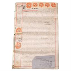 York interest - collection of 18th/19th century vellum indentures, wills and probate documents relating to the City of York and York families, including colonial and missionary interest with Reverend James Beale, formerly of York and late of Sierra Leone, clerk, probate 1857, John Allanson Bulmer, formerly of Ceylon and late of York, and Charles William Marshall of Bengal, India, manager of the Bengal Silk Company, together with other York legal and family papers, many retaining original seals and stamps, in one box