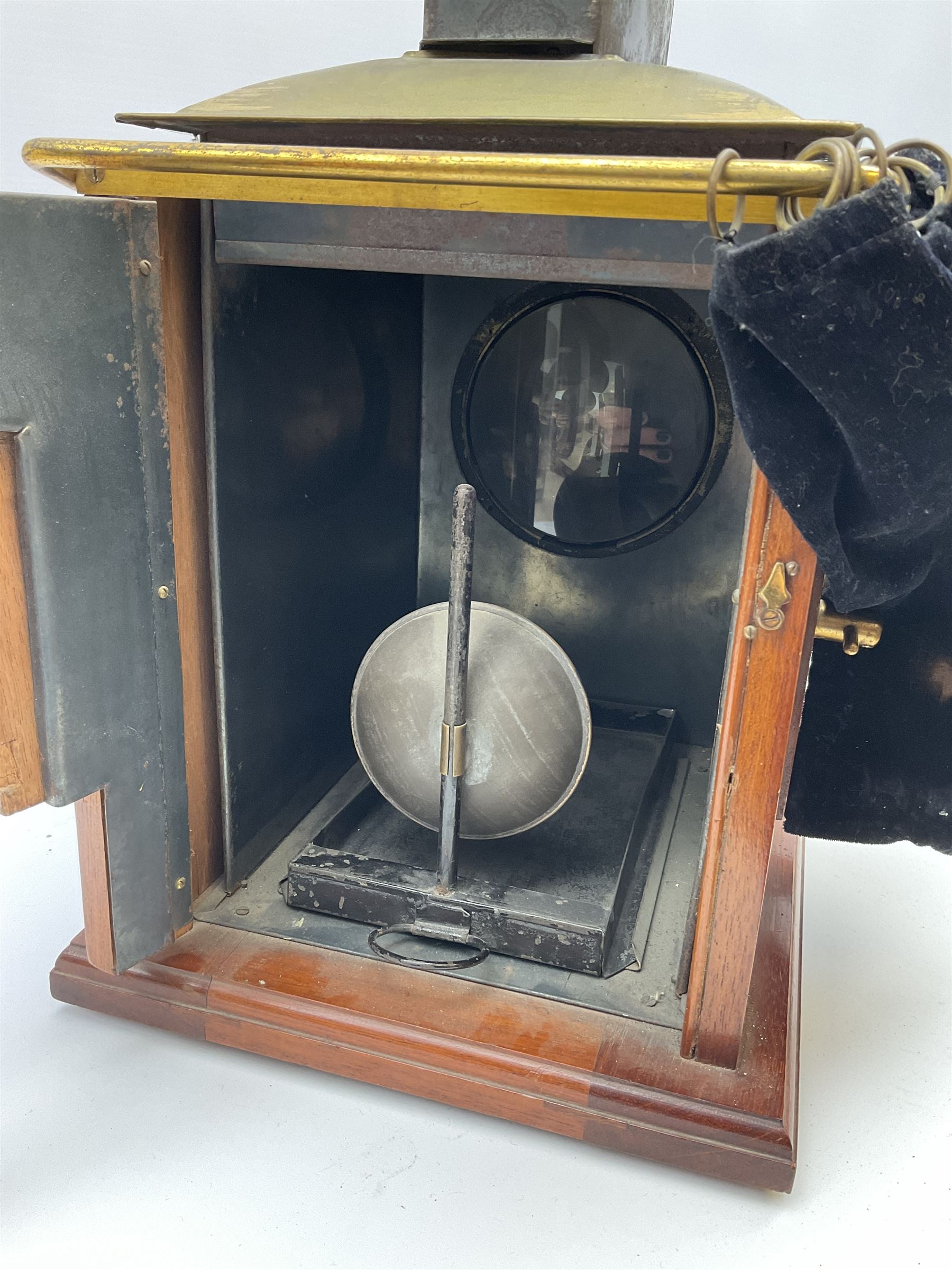 Victorian brass and mahogany 'Model C Challenge' magic lantern projector by J. Lizars, with long and short lenses, bears inset maker's plaque, L50cm excluding lenses (lacking burner)