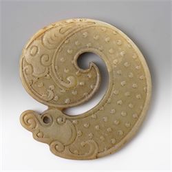 Two carved greenstone roundels, one carved with figures, the other with a dragon, D5.5cm (2)