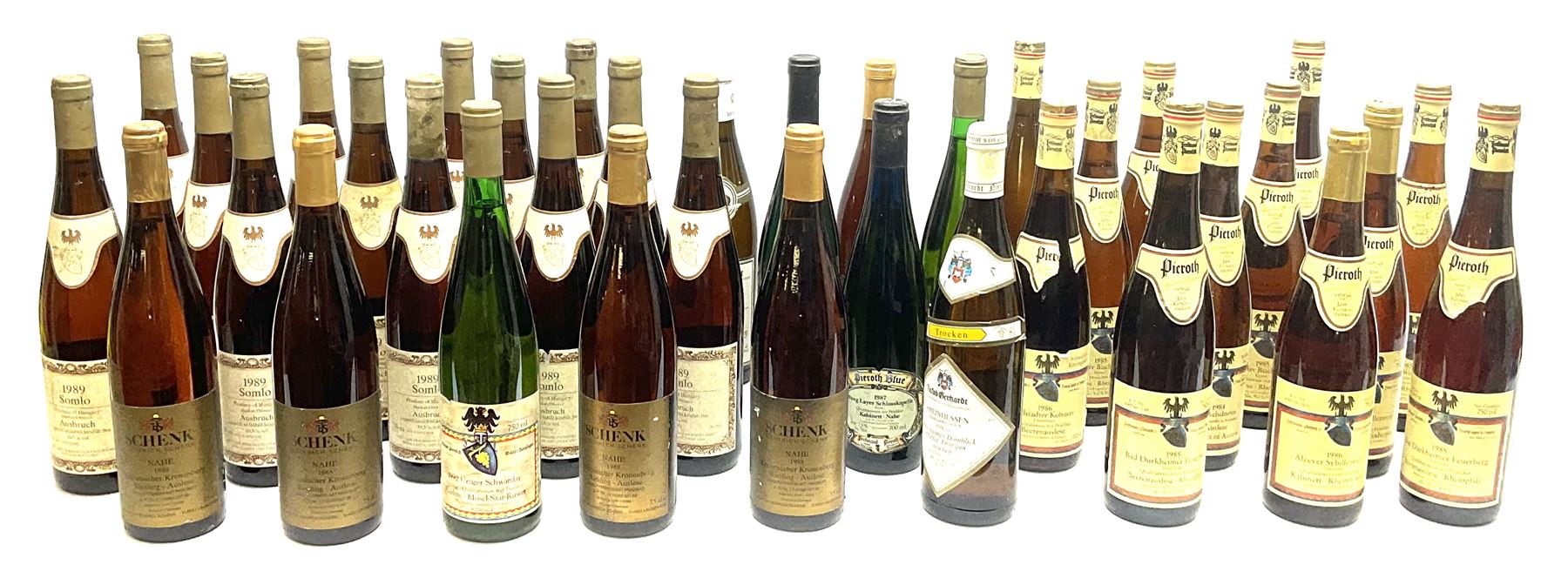 Mixed alcohol including Pieroth 1988 Bad Durkheimer Feuerberg 750ml, 10%vol, Ausbruch Muskat-Ottonel 1989 Somlo 750ml, 10.5%vol, Pieroth Blue 1991 Qualitatswein Nahe 750ml, 9.5%vol etc, various contents and proofs, 36 bottles