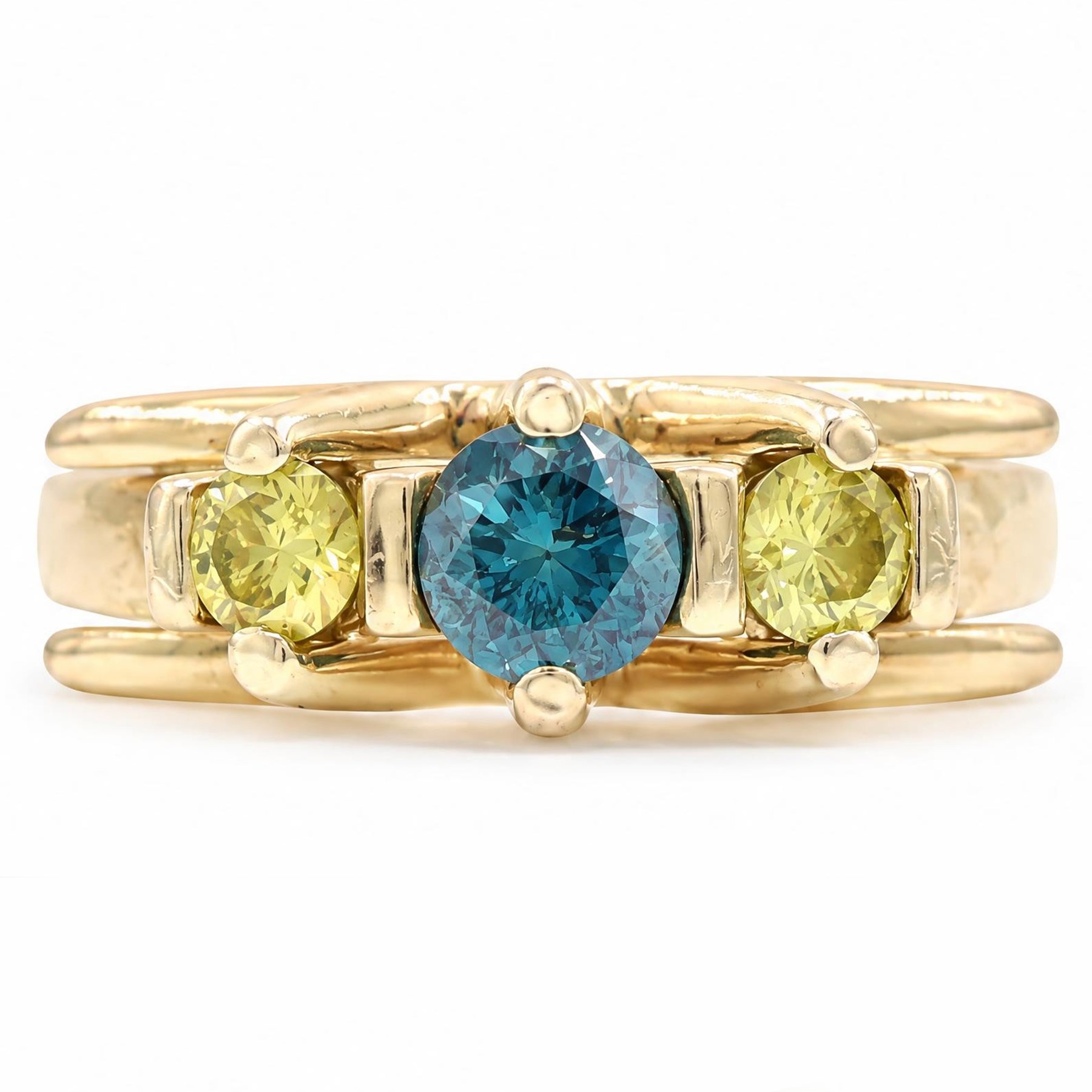 18ct white gold three stone fancy blue and yellow diamond ring, round brilliant cut blue diamond set between two round brilliant cut yellow diamonds, total diamond weight approx 0.95 carat 