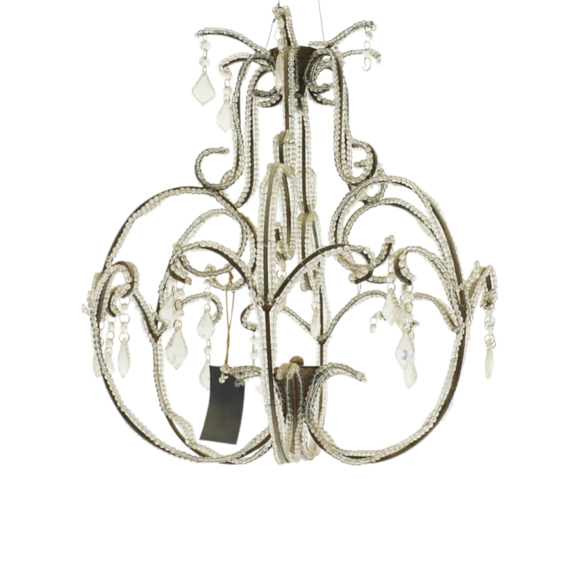 Contemporary decorative hanging chandelier frame, openwork painted metal scroll frame, with applied clear bead borders and hanging faceted glass pendants
