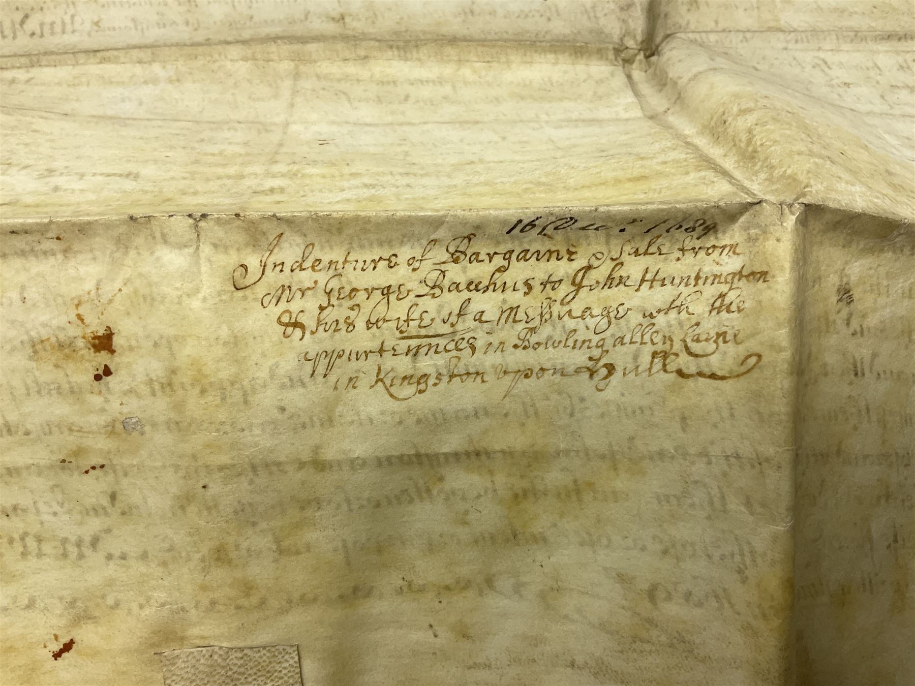 Three 17th/18th century manuscript deeds on vellum relating to properties in Bowling Alley Lane, Hull - one dated 16/12/1689 with seal 44 x 65cm; mortgage dated 20/2/1711 56 x 74cm; and assignment of mortgage dated 5/5/1727 with seal; all folded (3)