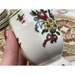 Royal Doulton part dinner service in Old Leeds Sprays pattern,  to include cheese dome, teapot and stand, egg cups etc, together with a selection of floral doilies.  