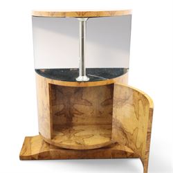 Art Deco figured walnut cocktail cabinet, demi-lune top above mirrored open compartment supported by chrome column, enclosed cupboard below with curved door, on shaped plinth base