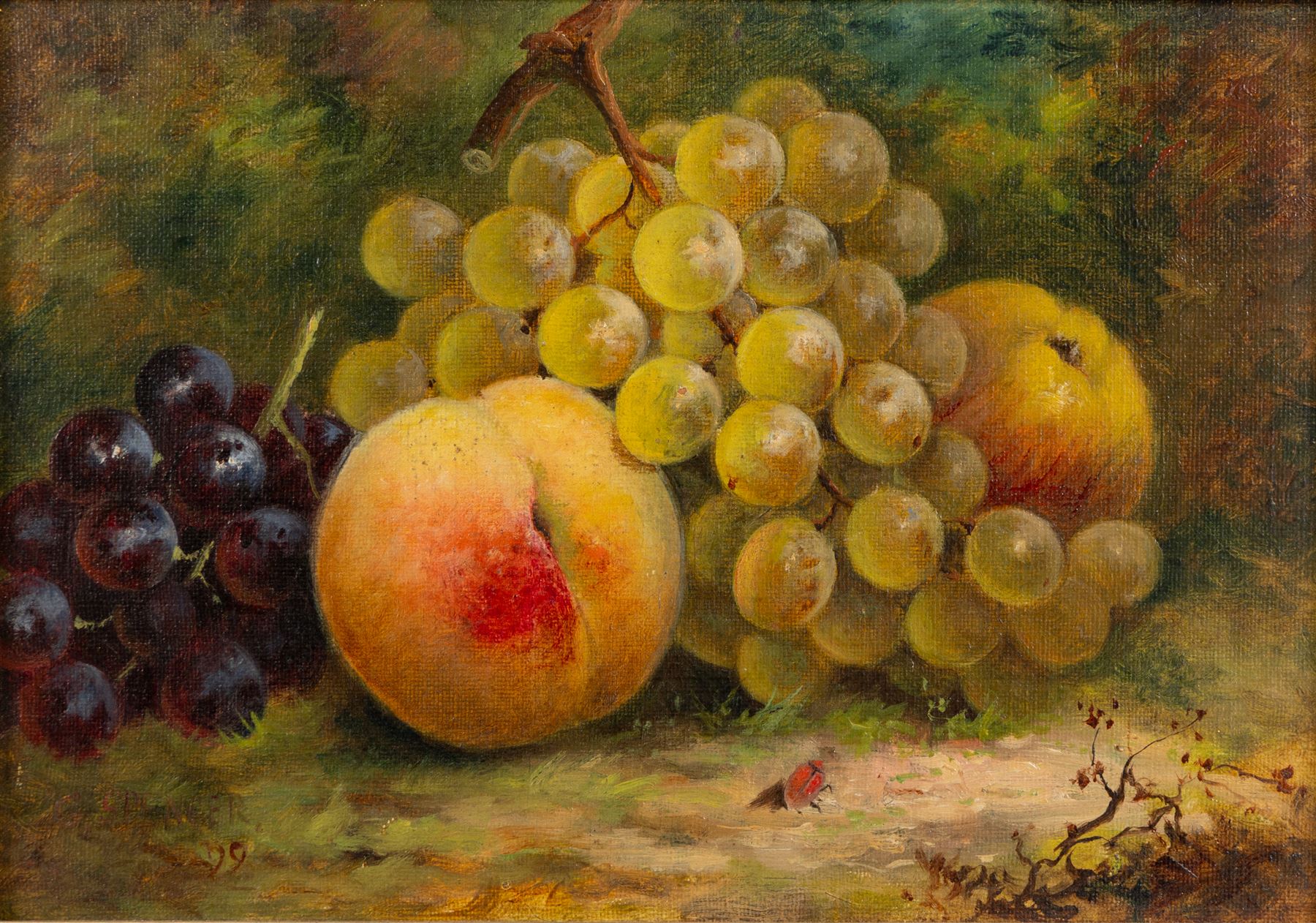 George Spencer (British 19th Century): Still Life of Fruits on a Bed of Grass, pair of oils on canvas board max 16.5cm x 24cm (2)