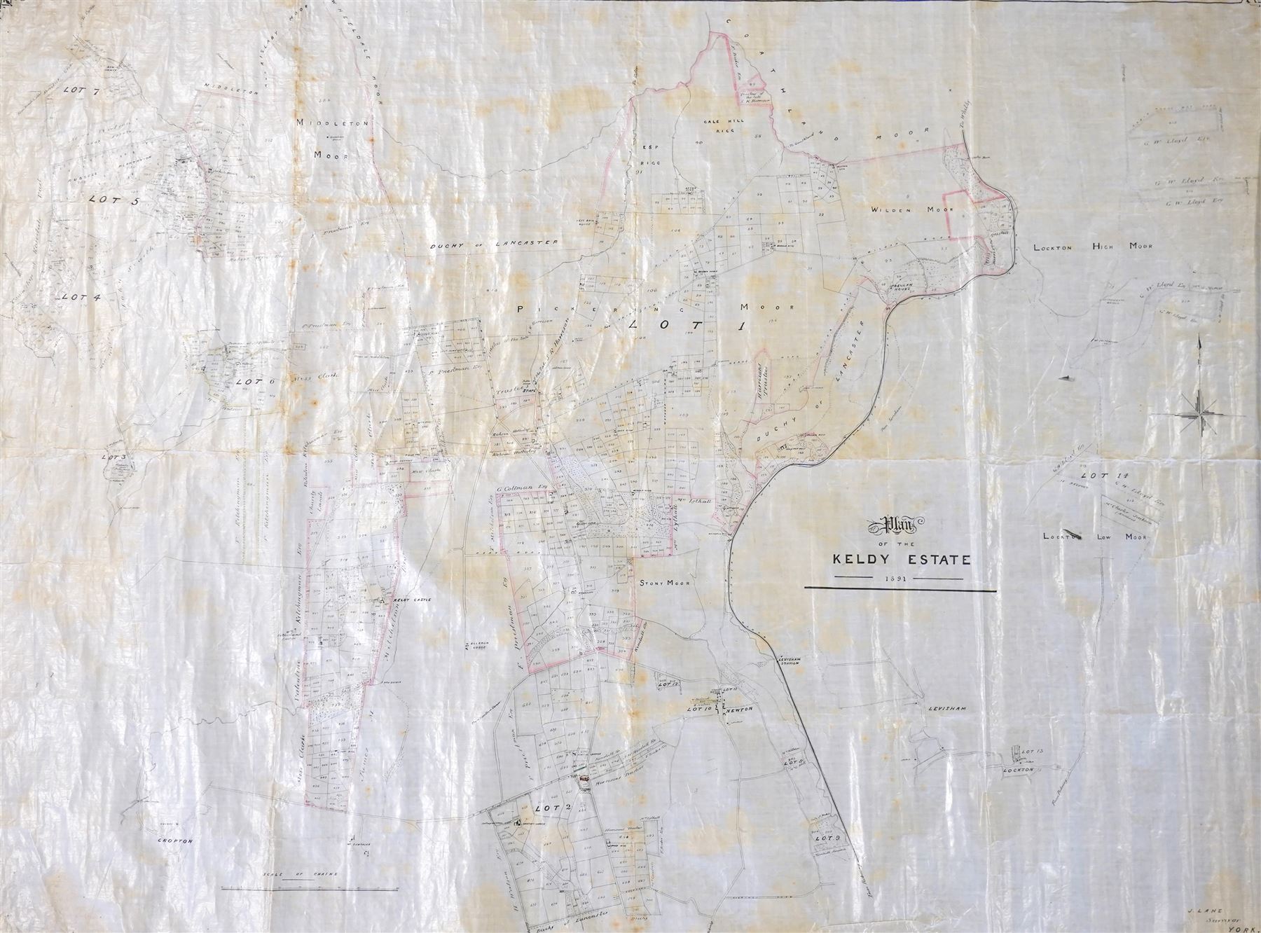 J Lane (Surveyor) (British 19th century): 'Plan of the Keldy Estate 1891', original 19th century hand-drawn map and plan of the Keldy Estate in the North Yorkshire an Pickering Moors with colouring pub. 1891, 98cm x 132cm (unframed)