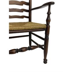 Set eight (6+2) oak dining chairs, high waived ladder back over rush seats, raised on ring turned supports with pad front feet, united by stretchers