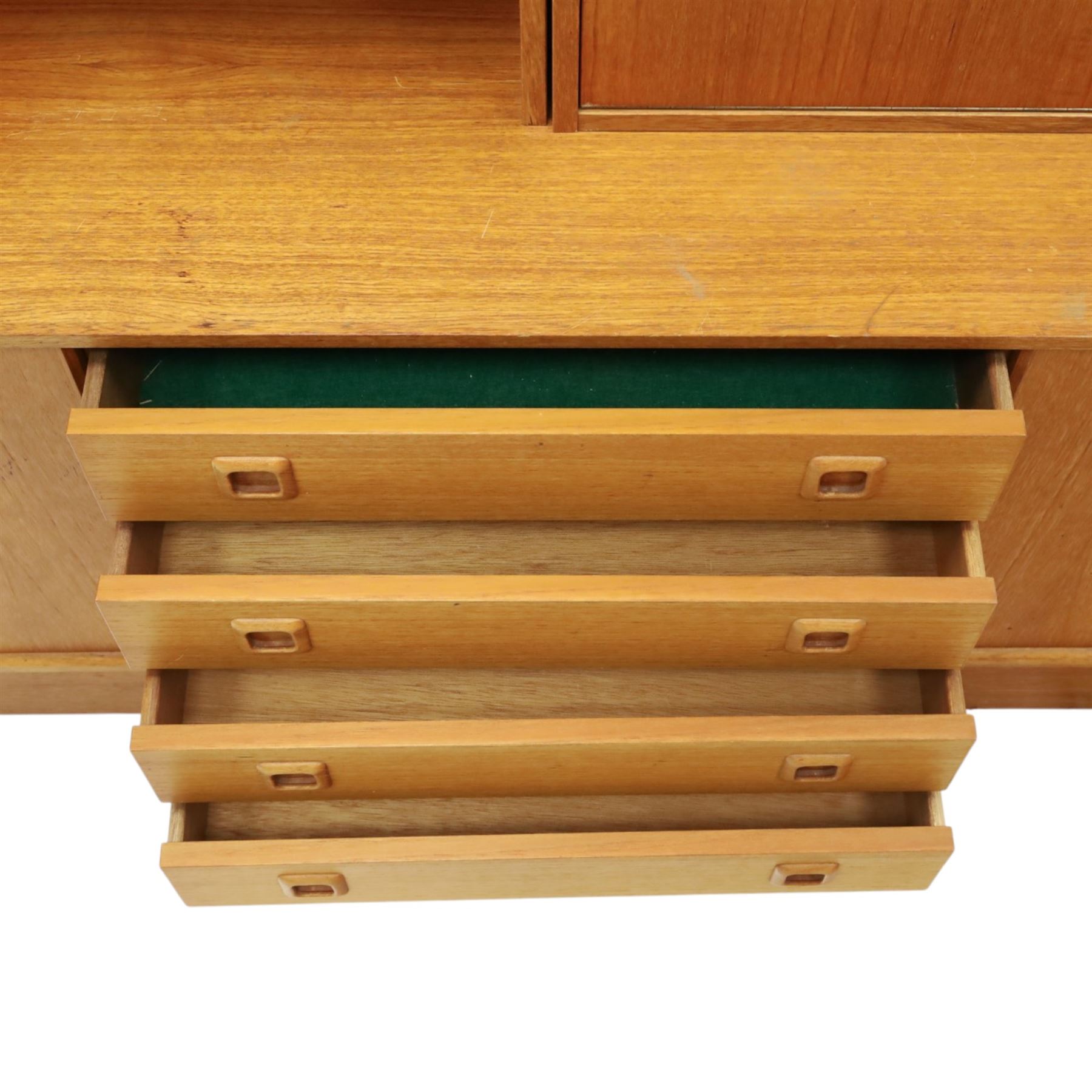 Clausen & Son Silkeborg - Danish 1960s teak highboard wall unit, the upper modular section with open shelves, smoked glass sliding doors and 12