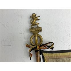 WW2 Belgian Partisan/Resistance two-sided banner embroidered in black on a cream ground 'Belgische Partisanen Korps 032 afd: Ph: De Bruyne' within a Belgian flag border; on wooden pole with gilded metal lion and laurel wreath finial