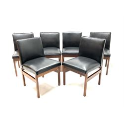 Set six mid 20th century rosewood chairs upholstered in black cover, square supports 