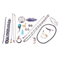Collection of silver and silver stone set jewellery including opal doublet pendant necklace, gold plated llama brooch, pair of long boat screw back earrings, fancy link necklace, etc