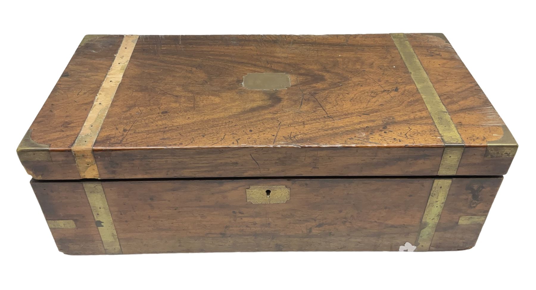 Mahogany brass bound writing box for restoration, the hinged lid lifting to reveal compartmented interior with folding slope, W50cm D25cm H18cm
