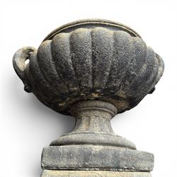 Pair of Neoclassical design weathered cast stone garden urns of kylix form, the rolled rim flanked by twin pierced scroll handles over a shallow gadrooned bowl, raised on a fluted circular socle and faux panelled square pedestal base