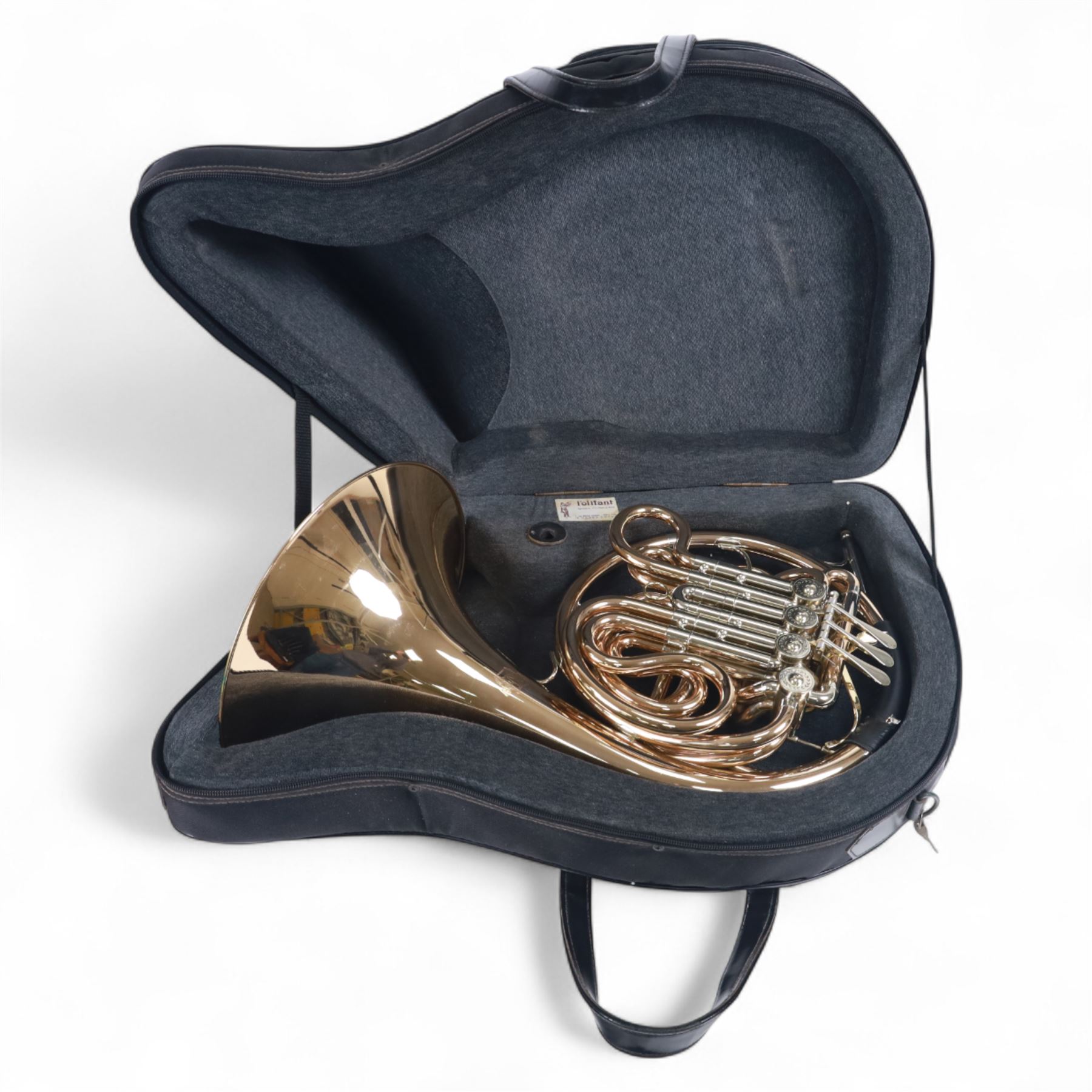 Paxman-Model 25L  French Horn, serial No 3015T. with a fixed bell incorporating the Merewether system of Horn design, in a  yellow lacquered finish with nickel silver valve casings, with Denis Wick precision mute, padded soft carrying case and carrying strap
