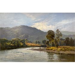 Alfred de Breanski Snr. RBA (British 1852-1928): Fishing on a Welsh River, oil on canvas signed and dated 1876, 50cm x 75cm 
Provenance: private collection; with James Alder Fine Art, Hexham