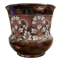 Two Crown Devon musical jugs, one depicting hunting scenes the other Widdicone Fair, together with Doulton of Lambeth of Slaters Patent Jardinière