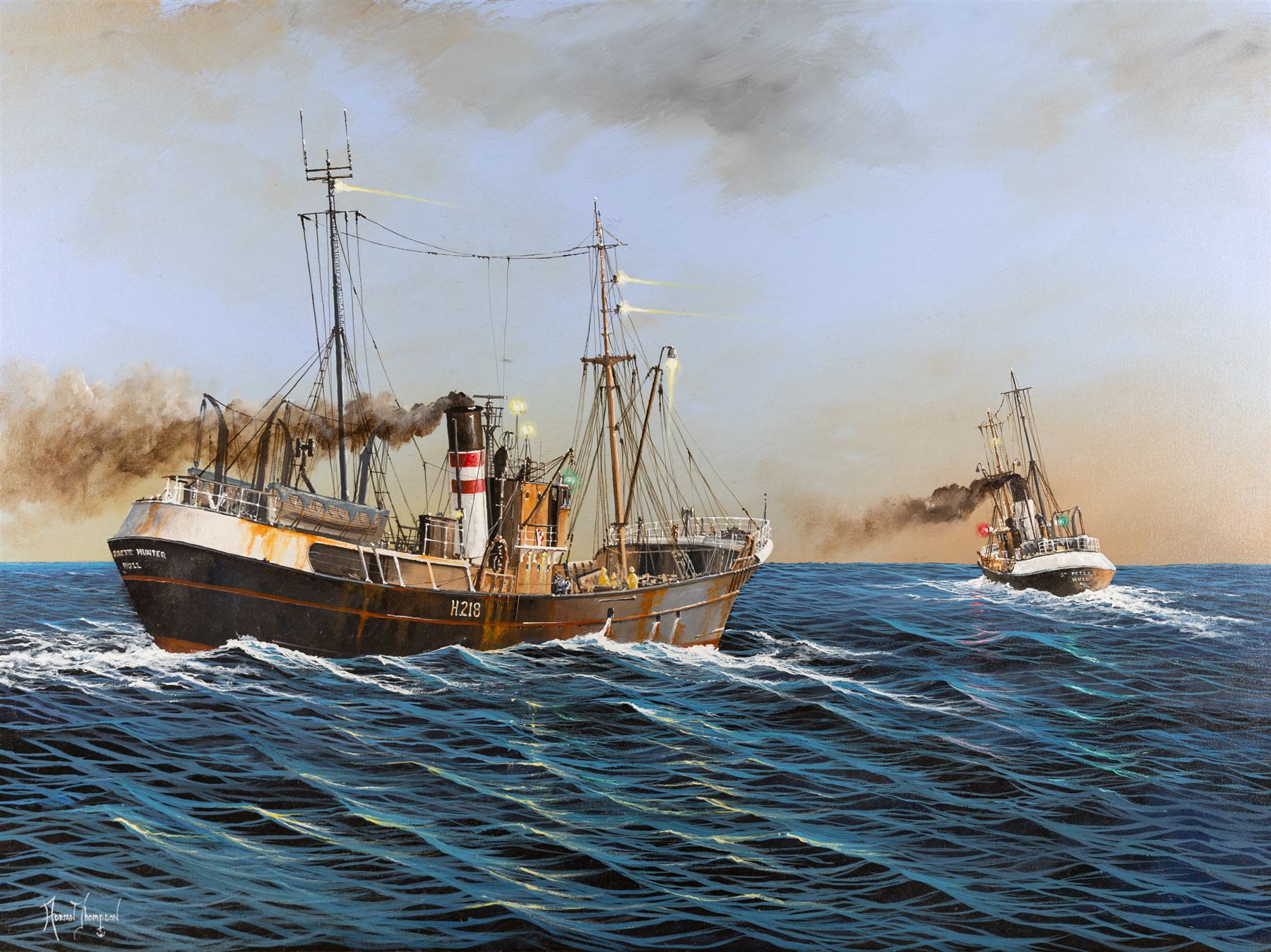 Adrian Thompson (British 1960-): Hull Steam Trawlers Arctic Hunter H218 and St Peter H102, oil on canvas signed 75cm x 100cm
