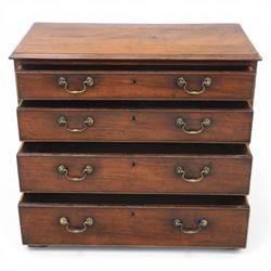 George III mahogany chest, fitted with four graduating drawers, rectangular flamed mahogany top with moulded edge, above four graduated drawers with brass swan neck handles, raised on bracket feet