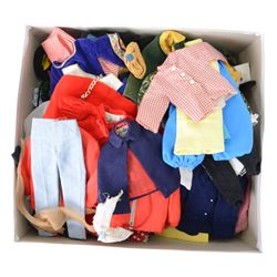 Collection of 1950s/60s Mattel Barbie dolls, including bubble cut Barbie circa 1962, with coral lips, blue eyeliner, red swimsuit and earrings, stamped 'JAPAN' to right foot, Fashion Queen Barbie, in gold and white swimsuit and headscarf, with three different wigs and a Ken doll circa 1961 in red striped shirt and shorts, together with a large quantity of 1960s Barbie and Sindy clothing, two doll stands and booklets