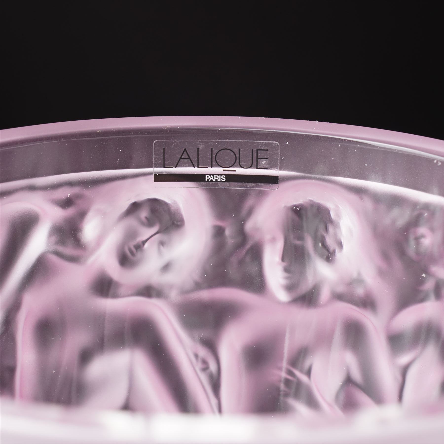 Lalique Bacchantes pattern frosted and clear pink glass vase signed 'Lalique France' H25cm in original pink Lalique box with guarantee etc