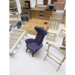 Modern 1:12 scale dolls house furniture, comprising pine kitchen set, with wall cabinets, floor cabinets and sink unit, white wooden bathroom suite, white wooden kitchen and dining room furniture and appliances, wooden bedroom furniture, Raine purple wingback chair, tv, desk, fish tank, etc