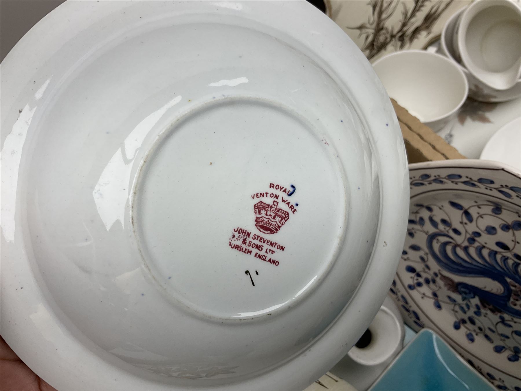 Denby Greenwheat pattern dinner wares, together with Royal Doulton Tumbling Leaves pattern tea and dinner wares, Royal commemorative ceramics including Wedgwood Jasperware table lighter, pair of Victorian glass hand painted vases, large blue and white urn with lid, Noritake part tea set, Staffordshire style dog and other ceramics and collectables, in boxes