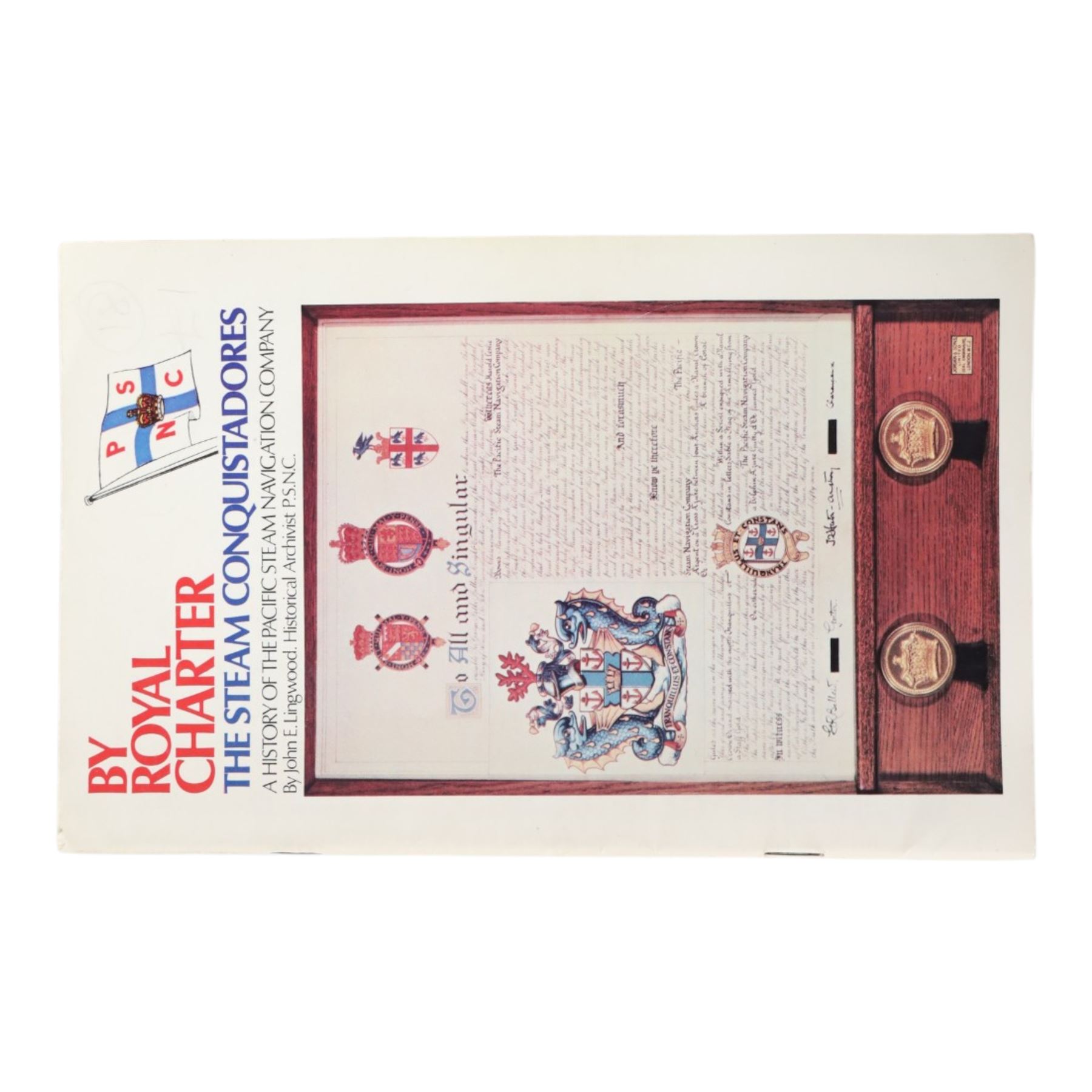 Pacific Steam Navigation Company tableware, comprising hot water pot, milk jug, egg cup and coffee cup, white with navy blue crest by Grindley Hotel Ware, pepper mill and four EPNS teaspoons with enamel decoration