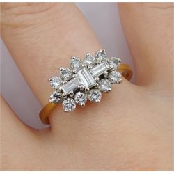 18ct gold baguette and round brilliant cut diamond cluster ring, hallmarked