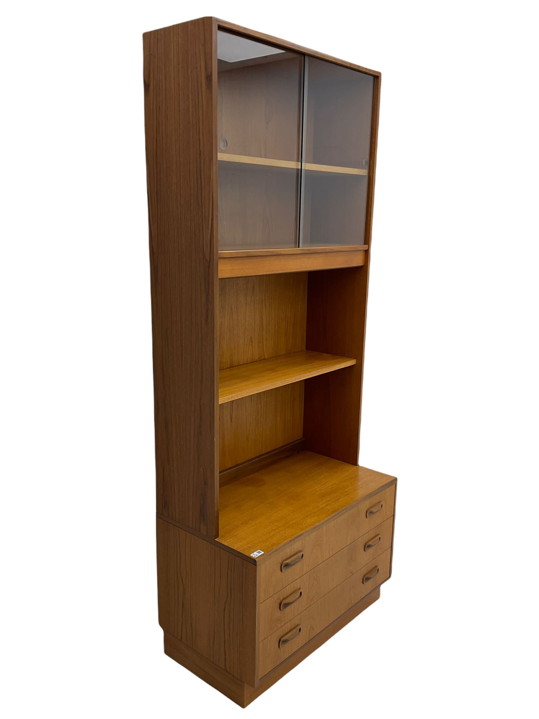 G-Plan teak two sectional modular wall display cabinet, fitted with sliding glass doors, double cupboard and three drawers