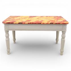 A pair of 19th century style pine console tables, with rectangular simulated marble top over a painted frieze, raised on fluted and turned tapering legs