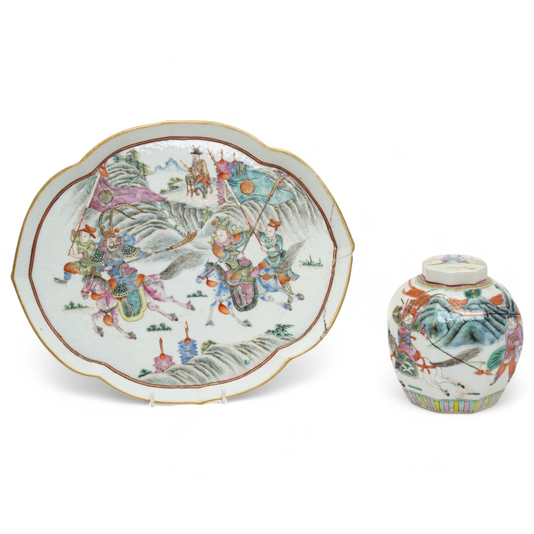 Chinese famille rose octagonal ginger jar, decorated with two warriors on horseback in a Chinese landscape, six character mark to base, possibly Kangxi, with non-matching cover, H12cm; together with a famille rose dish with similar warrior decoration, unmarked, W29cm