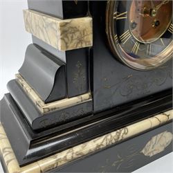 Victorian black slate and marble mantel clock, with decorative gilt engraving, Roman chapter ring, twin train movement striking the hours and half on coil