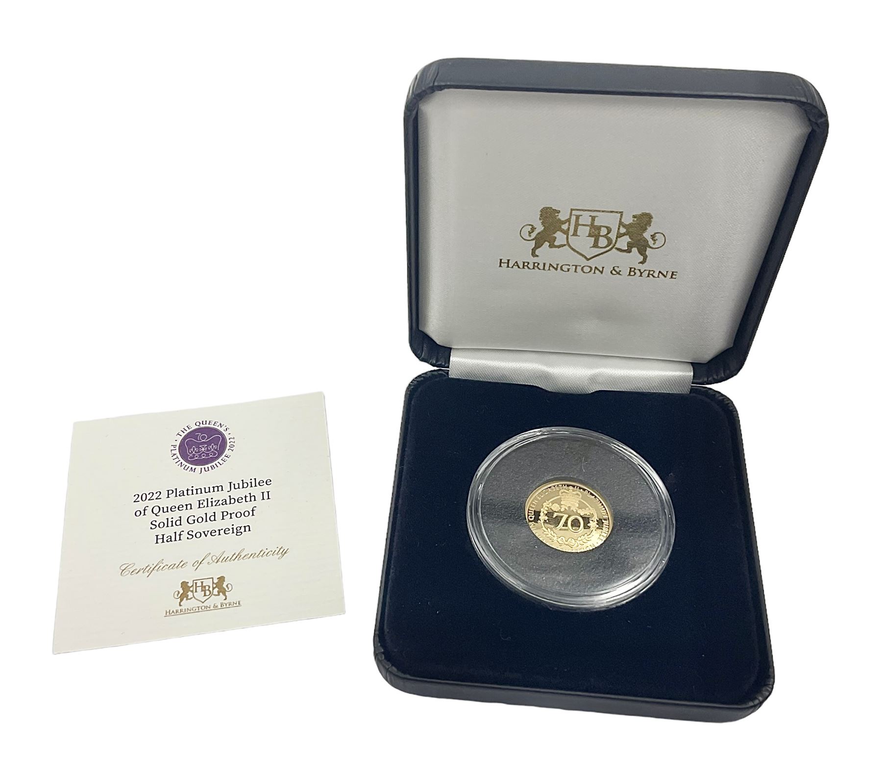 Queen Elizabeth II Alderney 2022 'Platinum Jubilee' gold proof half sovereign coin, cased with certificate