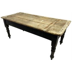 Victorian pine farmhouse dining table, rectangular plank top on painted base, fitted with two end drawers, on turned supports 