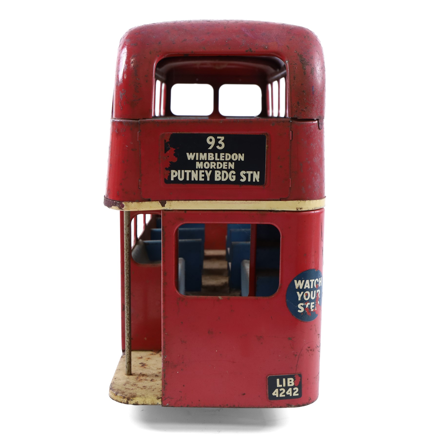 Tri-ang pressed steel pull-along London Transport Routemaster Double-Decker Bus, LIB4242, Route no.93 with destinations Wimbledon, Morden and Putney BDG Station, with red London Transport livery, blue interior, with pull cord and bell, H32cm, L57cm