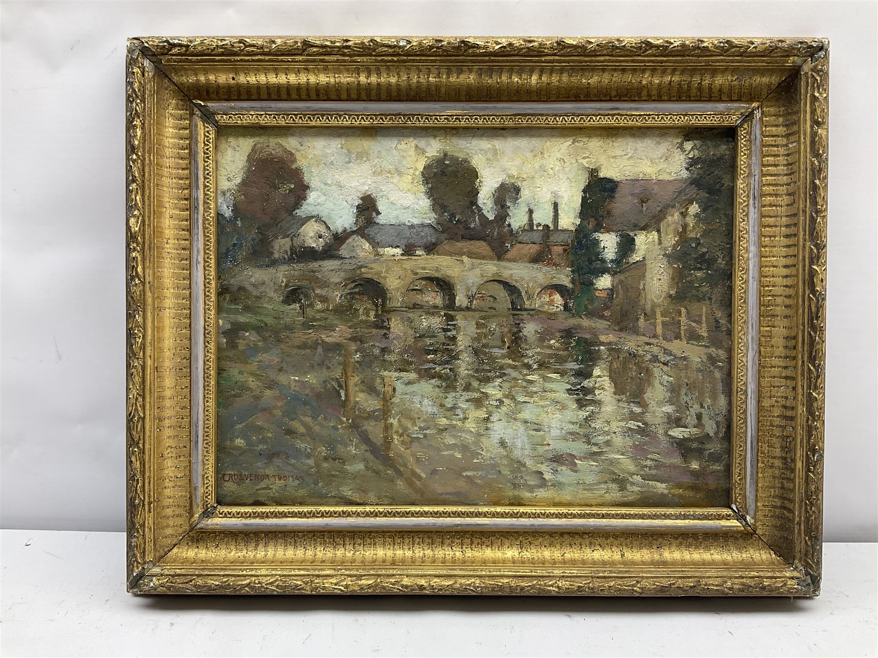 George Grosvenor Thomas RSW (Scottish 1856-1923): Arched Stone Bridge, oil on panel signed 23cm x 31cm