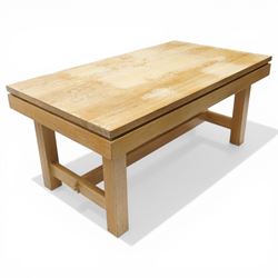 Late 20th century solid light oak refectory style dining table, rectangular top raised on square supports united by stretcher (W180cm D100cm H81cm); Set of six light oak high-back dining chairs with burgundy leather seats (W49cm H109cm)