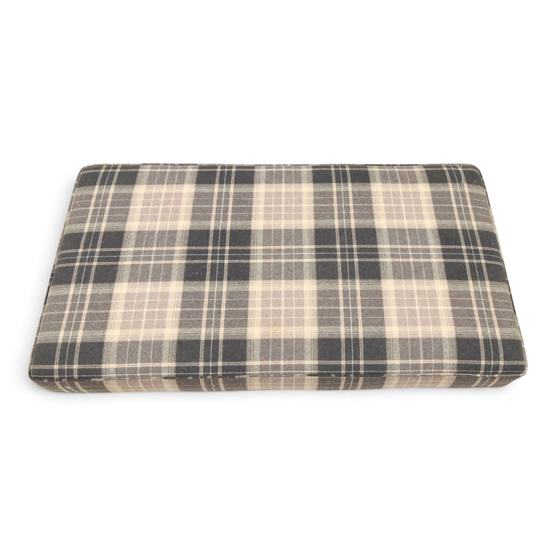 Large traditional design upholstered footstool, upholstered in checked fabric, with loose cushion, raised on a light turned supports 