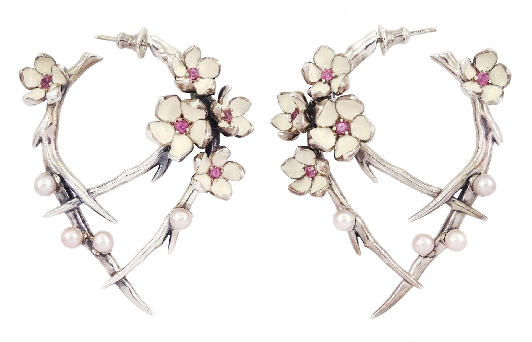 Shaun Leane pair of silver cream enamel, pink pearl and pink stone set Cherry Blossom stud earrings, London 2010, boxed