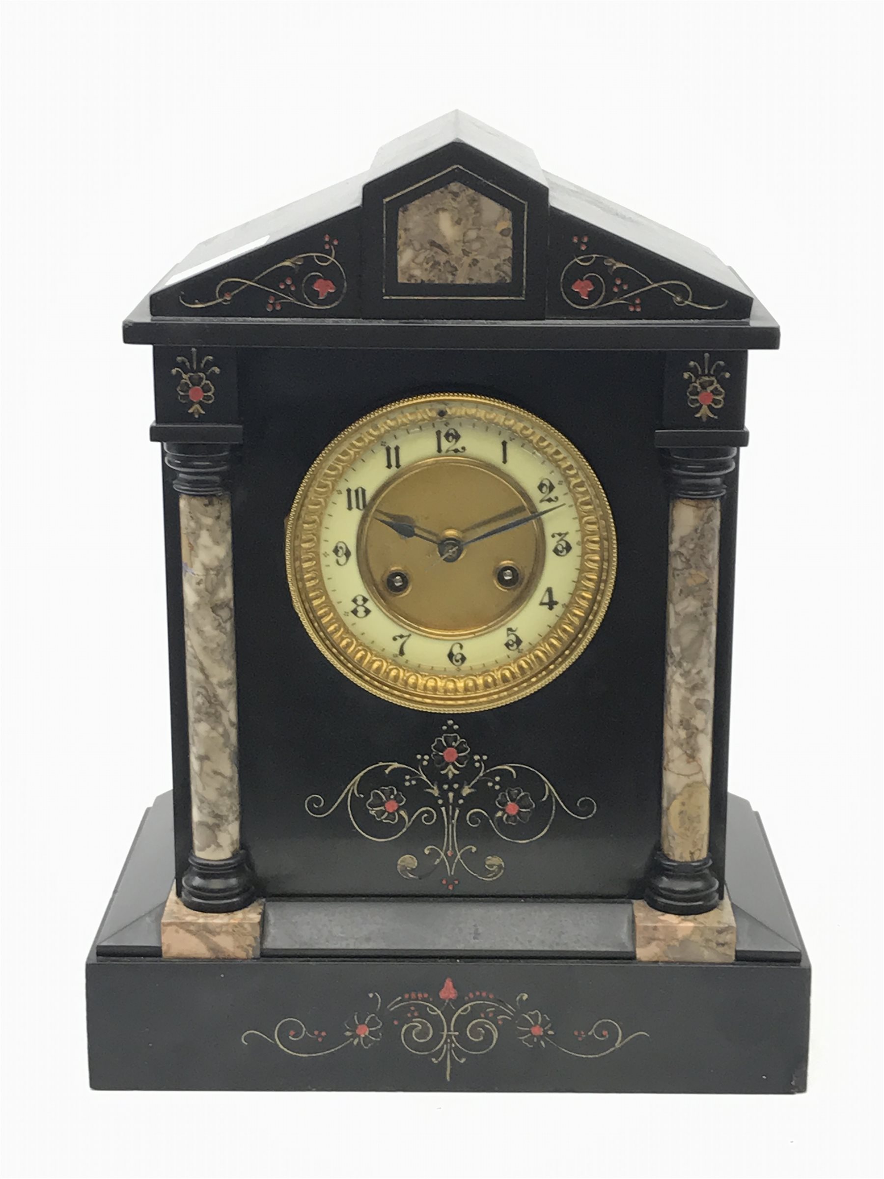 Victorian black slate mantel clock, stepped sloping pediment with marble inset, marble half column pilasters enclosing Arabic dial, twin train movement striking the hours and half on single coil, gilt and painted engraved detail, H35cm
