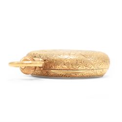 Edwardian 9ct gold open face keyless lever fob watch by Lancashire Watch Company, No. 891012, white enamel dial with Roman numeral hour markers, signed Whitehall, case with engraved foliate decoration, case by Dennison, Birmingham 1911