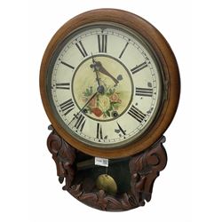 19th century mahogany circular drop dial wall clock, painted enamel face with bird and flowers